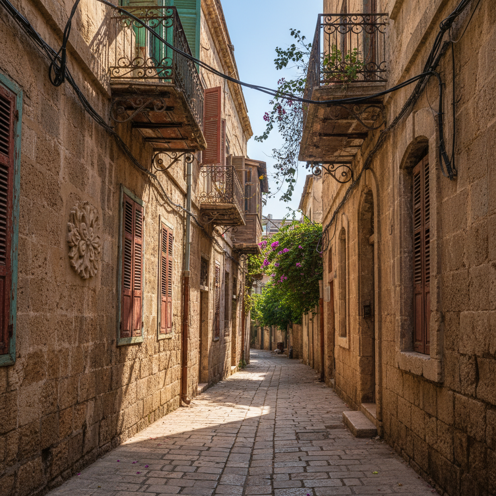 A close-up, eye-level street scene from an old Beirut neighborhood, focusing on weathered building facades with colorful details. The central subject is a narrow stone alley framed by textured sandstone walls, ornate wrought-iron balconies, and aged wooden shutters painted teal and faded red. Electrical cables and climbing plants snake across the walls, adding urban character. Late afternoon sunlight slices through the alley, casting strong, graphic shadows and highlighting chipped paint and carved stone details. In the distance, the alley opens onto a bright patch of sky and greenery, slightly out of focus. The composition follows the rule of thirds with a strong leading line perspective, creating a bold, immersive atmosphere of authentic Beirut street life, entirely without people.